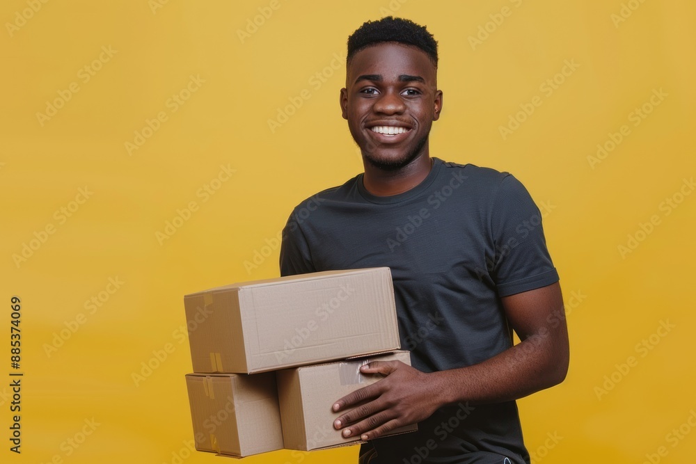 Young Black Man Carrying Cardboard Boxes on Moving Day Isolated on yellow background Young Black Man Carrying Cardboard Boxes on Moving Day Isolated on yellow background