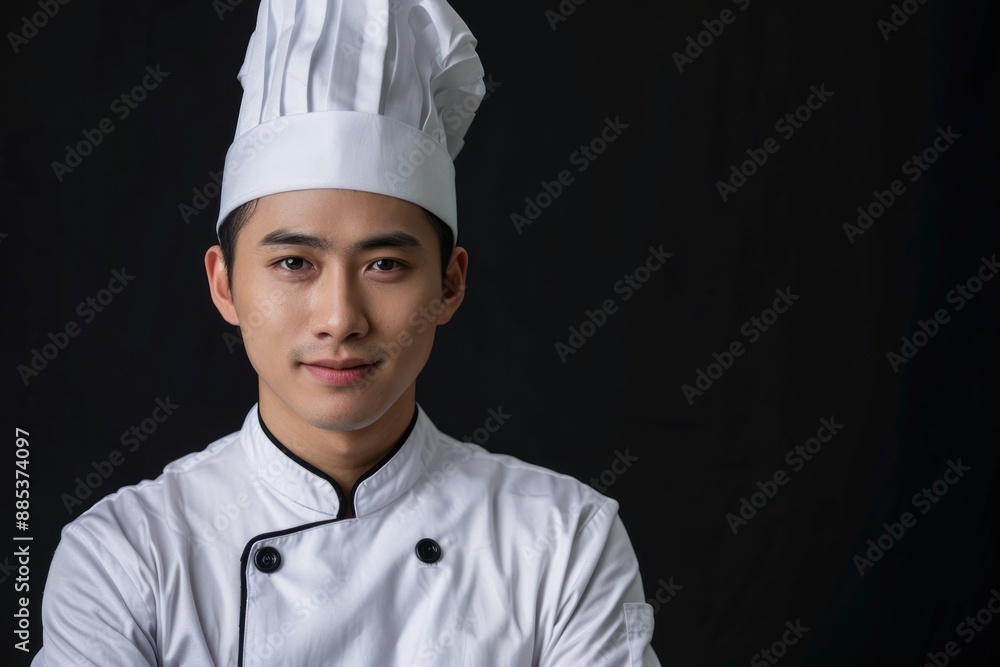Young handsome asian man chef in uniform with hat Isolated on black background Young handsome asian man chef in uniform with hat Isolated on black background