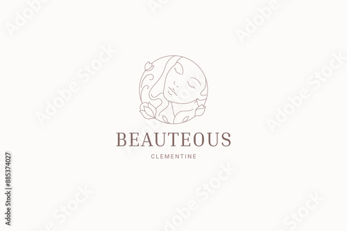 Botanical floral female face minimalist circle line logo for beauty studio vector illustration