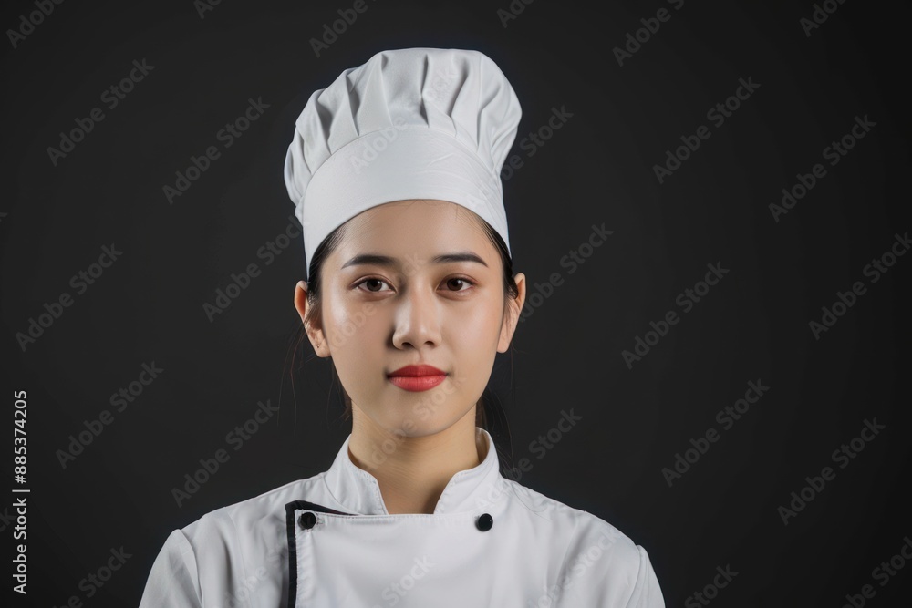 Young handsome asian woman chef in uniform with hat Isolated on black background Young handsome asian woman chef in uniform with hat Isolated on black background