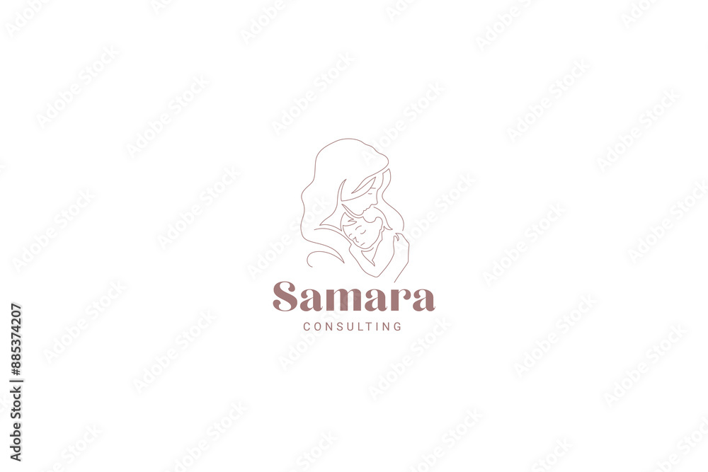 Caring mother hug little kid son continuous line logo design template vector illustration Caring mother hug little kid son continuous line logo design template vector illustration