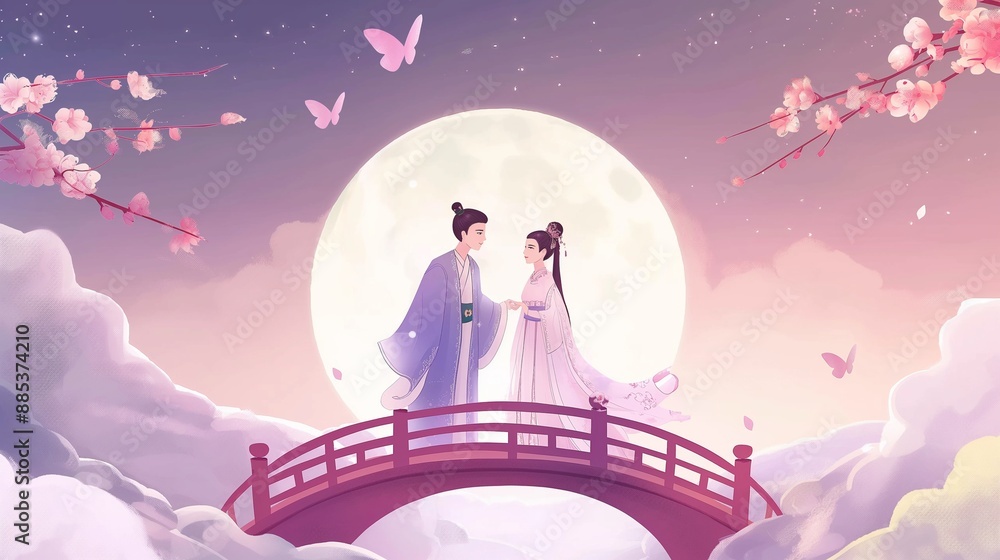 Naklejka premium Simple cartoon style illustration for Qixi with a couple on a bridge.