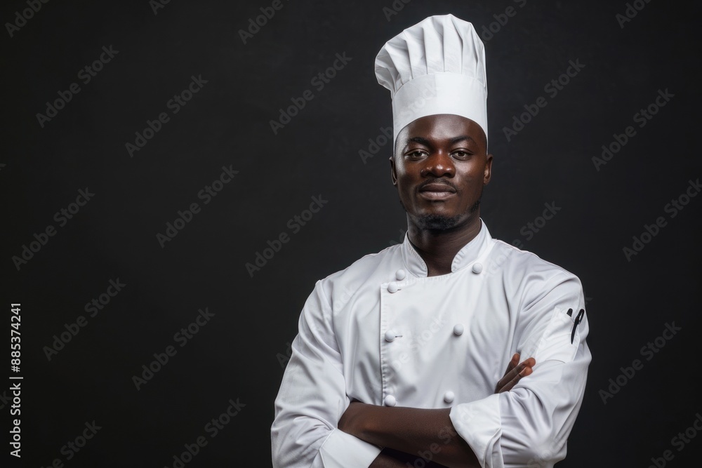 Young handsome black man chef in uniform with hat Isolated on black background Young handsome black man chef in uniform with hat Isolated on black background