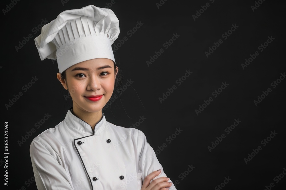 Young handsome asian woman chef in uniform with hat Isolated on black background Young handsome asian woman chef in uniform with hat Isolated on black background