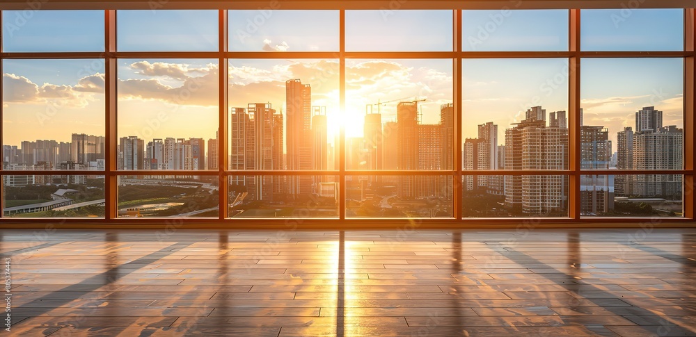 Fototapeta premium a view of city buildings and sunset photographed from inside a room with glass walls