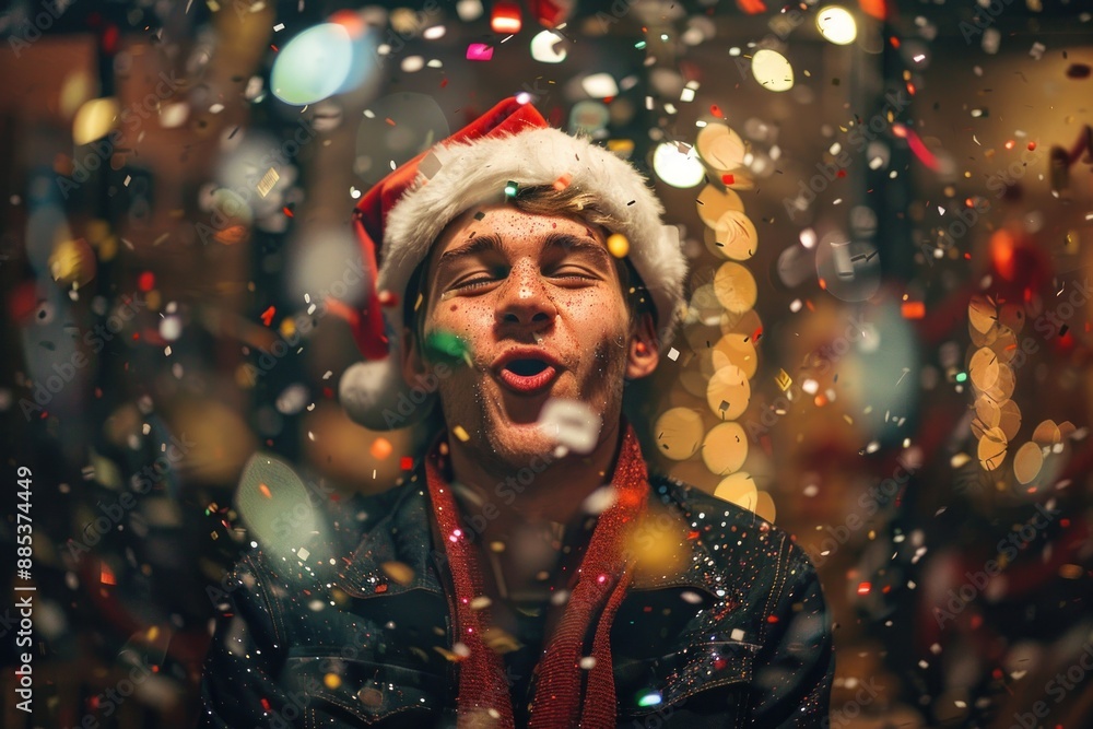 young man wearing Santa's hat, having fun at a New Year's Eve party confetti blurred background young man wearing Santa's hat, having fun at a New Year's Eve party confetti blurred background