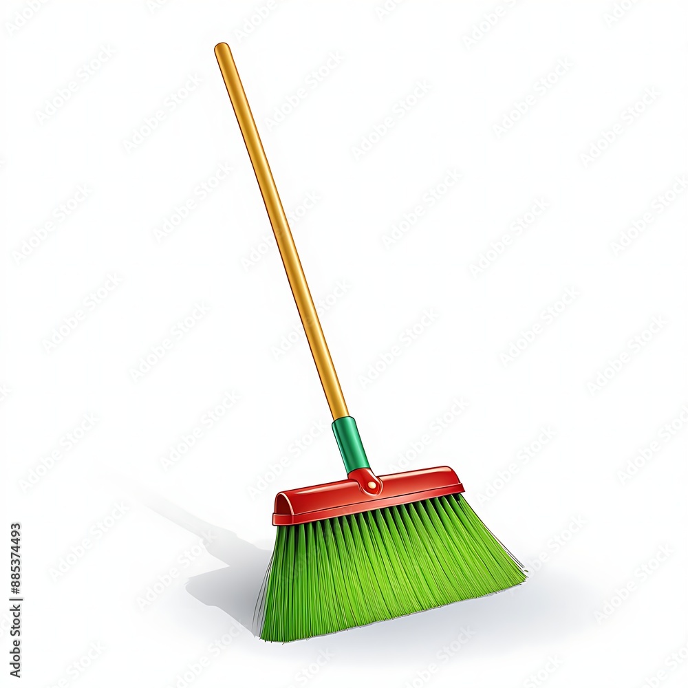 Colorful broom with green bristles and a wooden handle isolated on a white background. Detailed illustration for cleaning, home, and hygiene concepts Colorful broom with green bristles and a wooden handle isolated on a white background. Detailed illustration for cleaning, home, and hygiene concepts
