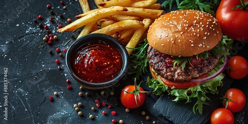 Delicious hamburger with cola and potato fries on a wooden table with a dark brown background behind. Fast food concept photo