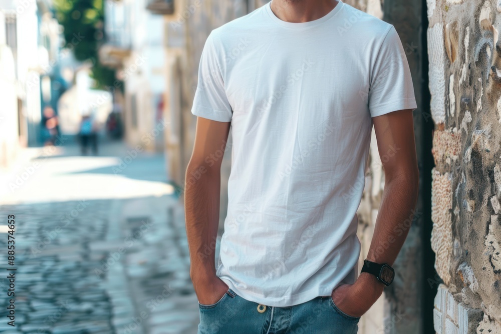 Young Model Shirt Mockup, Boy wearing white t-shirt on street in daylight, Shirt Mockup Template for design print Young Model Shirt Mockup, Boy wearing white t-shirt on street in daylight, Shirt Mockup Template for design print