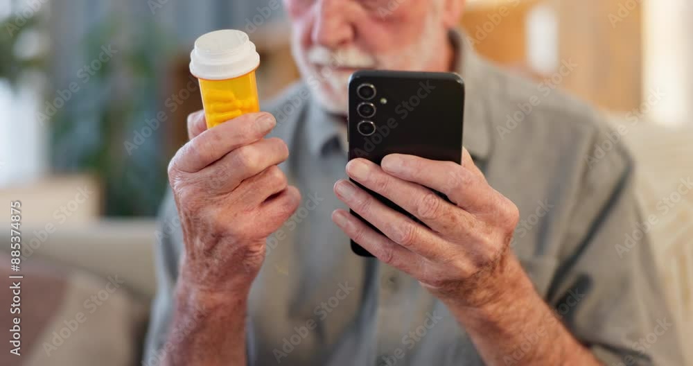 Senior man, phone and checking pills on internet for ingredients, side effects or translate information in nursing home. Elderly person, tech and typing with drugs for health, medication and advice