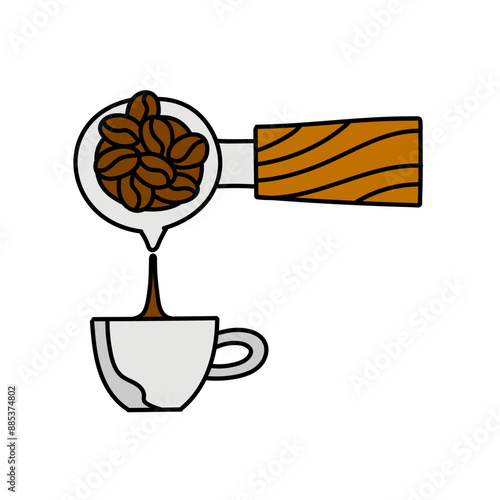 coffee machine portafilter pouring liquid into cup hand drawn color vector illustration