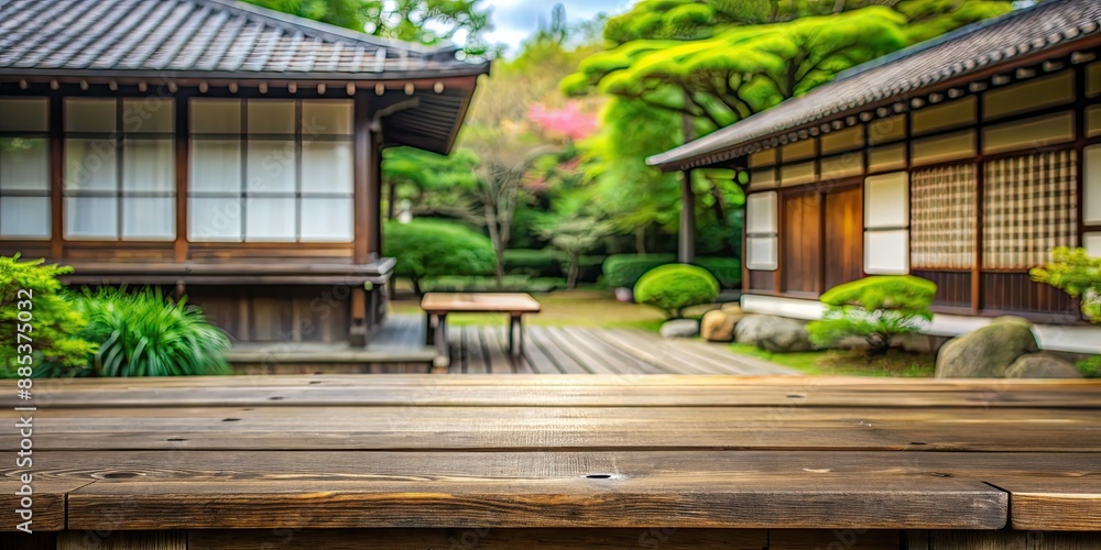 Fototapeta premium Wooden table top with blurred garden and traditional Japanese house in the background, wood, table, garden, blurred, Japan