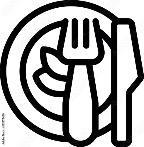 Simple line icon of a plate with food, a fork and a knife, perfect for representing meals