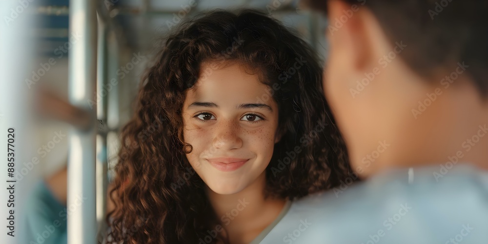 Young people in dormitory chatting Brazilian girl with curly hair talking to boy. Concept college life, international students, dorm room conversations, cross-cultural friendships, language exchange Young people in dormitory chatting Brazilian girl with curly hair talking to boy. Concept college life, international students, dorm room conversations, cross-cultural friendships, language exchange