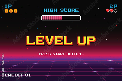 LEVEL UP INSERT A COIN TO CONTINUE .pixel art .8 bit game. retro game. for game assets in vector illustrations.