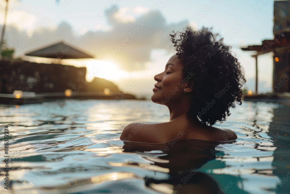 Unwind and Recharge, A Black Woman Relaxing Poolside at a Luxury Spa Unwind and Recharge, A Black Woman Relaxing Poolside at a Luxury Spa