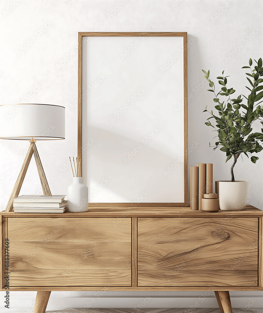 Minimalist Interior with Wooden Console Table and Empty Poster Frame for Wall Art template Minimalist Interior with Wooden Console Table and Empty Poster Frame for Wall Art template