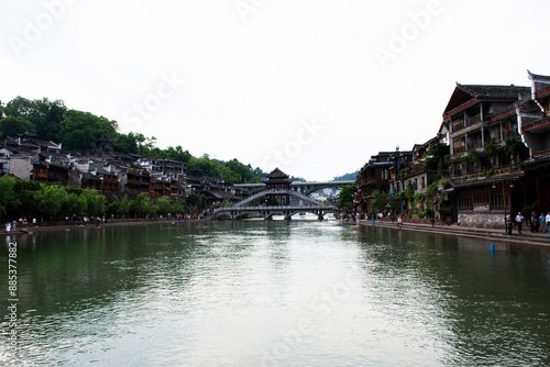 Landscape tuojiang river cityscape Historical building heritage architecture of Xiangxi Phoenix Ancient City Antique Old Town fenghuang for chinese traveler travel visit on May 9, 2024 in Hunan, China