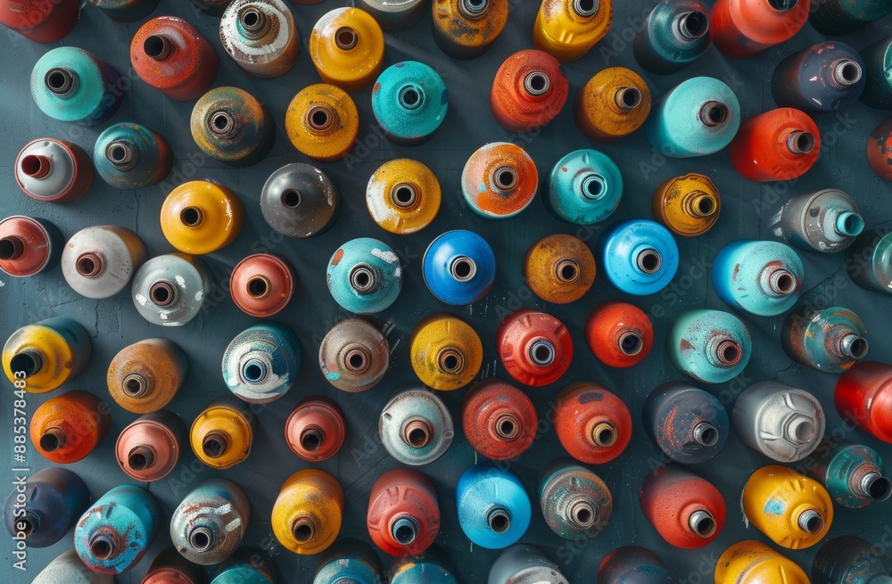 Used colorful aerosol cans lying on a stained wooden surface in an artist's graffiti workshop. Used colorful aerosol cans lying on a stained wooden surface in an artist's graffiti workshop.