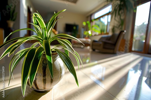 An indoor spider plant placed in a stylish ceramic pot on a tiled floor, bathed in bright sunlight pouring through large windows in a modern, airy living space. photo