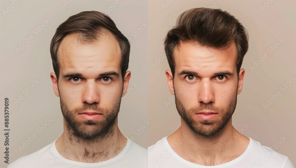 Fototapeta premium front view closeup of man's head before and after comparison result of hair loss procedure treatment transplant, bald falling thinning problem to re-growth thicker healthy hair, trichologist concept