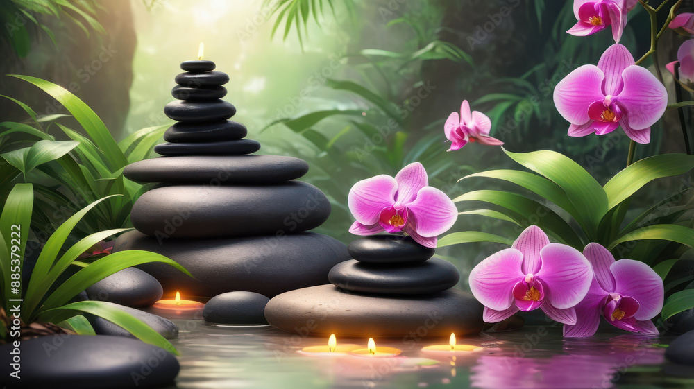 A serene spa setting with pink orchids, black stones stacked in a zen-like arrangement, and candles floating in a tranquil pond A serene spa setting with pink orchids, black stones stacked in a zen-like arrangement, and candles floating in a tranquil pond