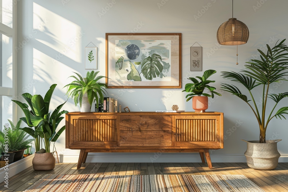 Light wooden sideboard with plants and framed art in a boho-style apartment, featuring white walls, vintage decoration, books, and a poster of planet zodiac signs. Light wooden sideboard with plants and framed art in a boho-style apartment, featuring white walls, vintage decoration, books, and a poster of planet zodiac signs.