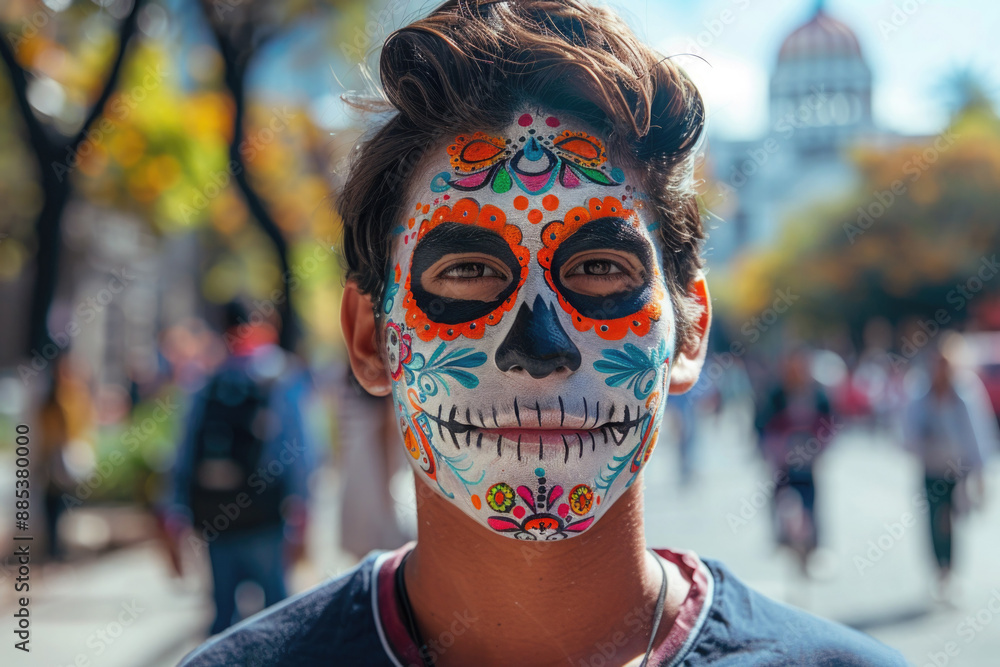 Portrait of a young man with bright face paint celebrating Dia de los Muertos. Makeup in the form of sugar skulls. Cultural holiday and traditions in Mexico. The day of the Dead Portrait of a young man with bright face paint celebrating Dia de los Muertos. Makeup in the form of sugar skulls. Cultural holiday and traditions in Mexico. The day of the Dead