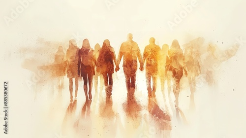 Group of workers painted in watercolor with copy space for text, labor day banner back view, Ai generated image