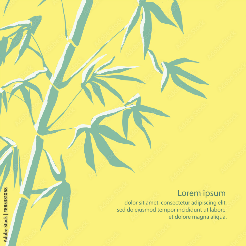 Naklejka premium Bamboo silhouette on white background. Hand drawn vector illustration of black bamboo stems, branches and leaves. Minimal brochure layout, flyers poster template. Cd cover design template.