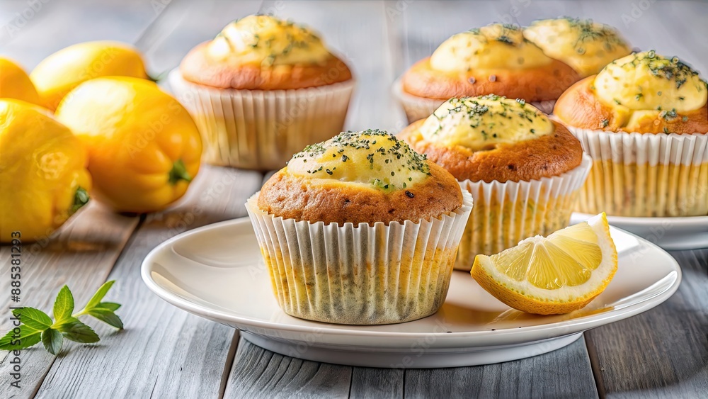 Delicious lemon poppy seed muffins sitting on a white plate , baked goods, food photography, sweet treats, breakfast, snack Delicious lemon poppy seed muffins sitting on a white plate , baked goods, food photography, sweet treats, breakfast, snack