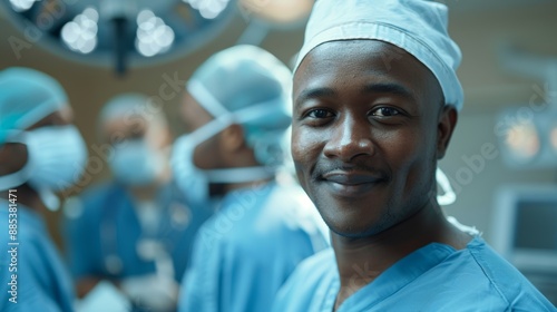 Smile, portrait, and black man, surgeon, or healthcare expert for surgery, hospital, or medical assistance. Happy African client, nurse or doctor in operation room