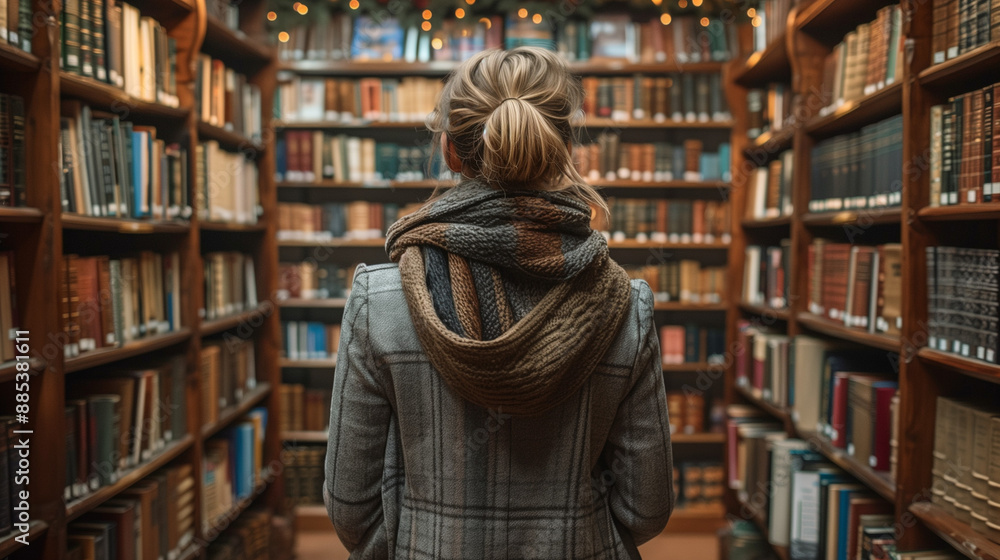 Woman in Cozy Library Surrounded by Shelves of Books & Warm Lighting Woman in Cozy Library Surrounded by Shelves of Books & Warm Lighting