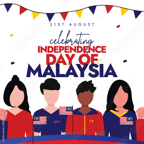 Malaysia Independence Day. 31st August Independence day of Malaysia celebration banner, social media post with its people holding its flags. The country become independent in 1957 from British Empire.