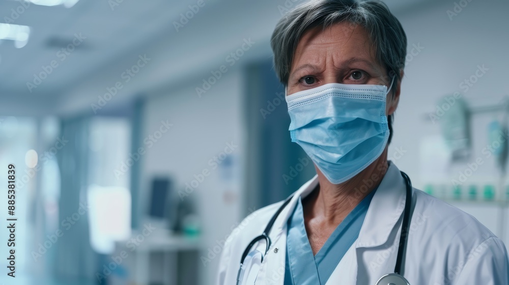 Female portrait with doctor with face mask at hospital for surgery, mockup, and medical services. Critical female surgeon, senior therapist, and clinic manager with safety ppe. Female portrait with doctor with face mask at hospital for surgery, mockup, and medical services. Critical female surgeon, senior therapist, and clinic manager with safety ppe.