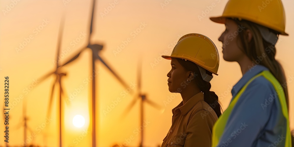 Men and women in hard hats observe wind turbines generating electricity at dusk. Concept Energy production, Technology, Sustainability, Industry, Dusk landscape Men and women in hard hats observe wind turbines generating electricity at dusk. Concept Energy production, Technology, Sustainability, Industry, Dusk landscape