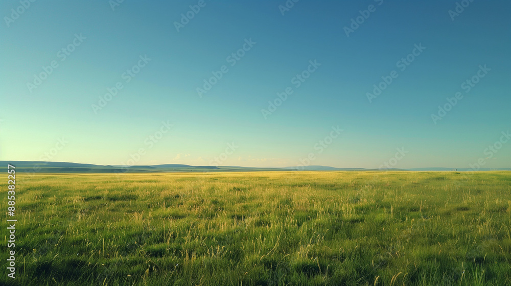 Serene cloudless blue sky over expansive grasslands, capturing the beauty of nature's expanse, tranquil landscape, open prairie, vast plains Serene cloudless blue sky over expansive grasslands, capturing the beauty of nature's expanse, tranquil landscape, open prairie, vast plains