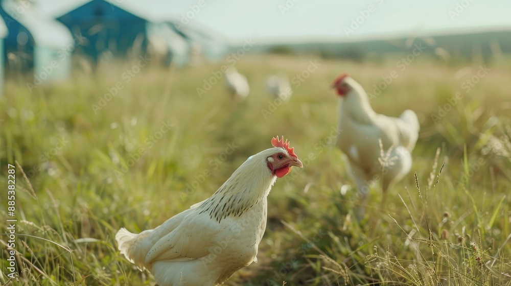 Fototapeta premium Rural organic, healthy, and natural protein farm with chickens on field. Natural landscape, poultry flock, and sustainable lifestyle in meadow