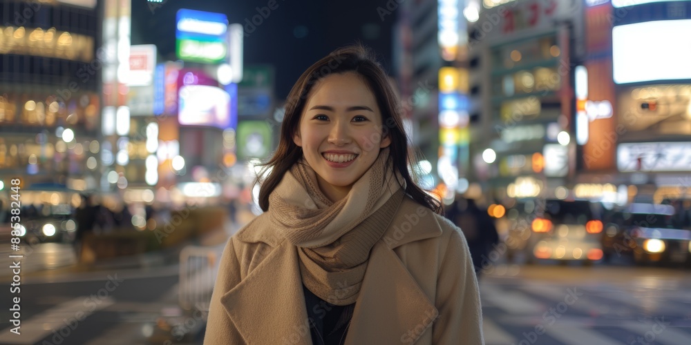 Touring town at night with a young woman on vacation, adventure, or holiday. Happy, gorgeous Asian woman taking public transportation for weekend city tourism. Touring town at night with a young woman on vacation, adventure, or holiday. Happy, gorgeous Asian woman taking public transportation for weekend city tourism.