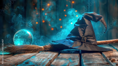 A witch's hat and broomstick lying on a wooden floor with a glowing crystal ball nearby photo