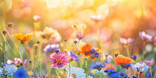 Campo de flores silvestres coloridas sob a luz do sol photo