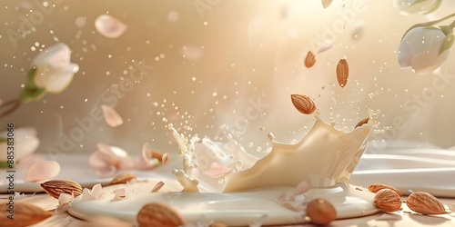 Almond milk splash with almonds isolated organic and vegan liquid 3D render. Concept Almond Milk, Splash Effect, Almonds, Isolated, Organic & Vegan, 3D Render photo