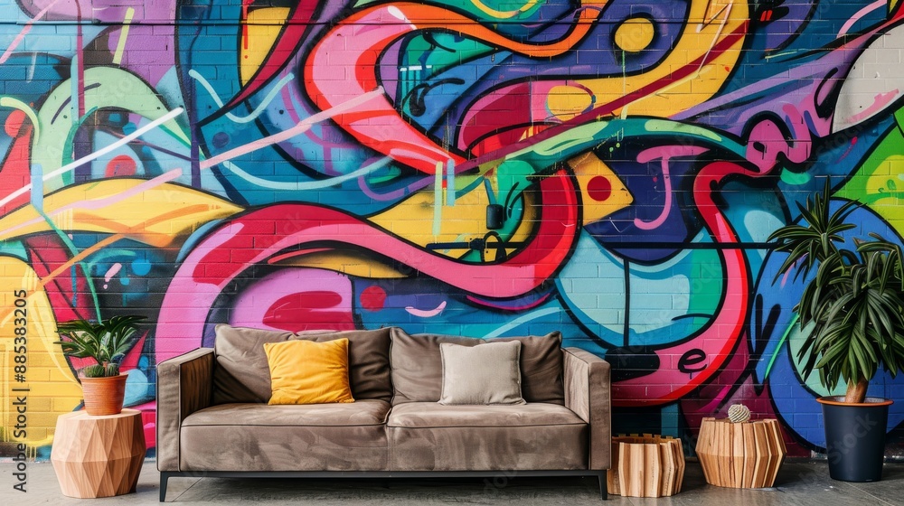 Naklejka premium Illustration of colorful graffiti on an urban wall as a concept for street art