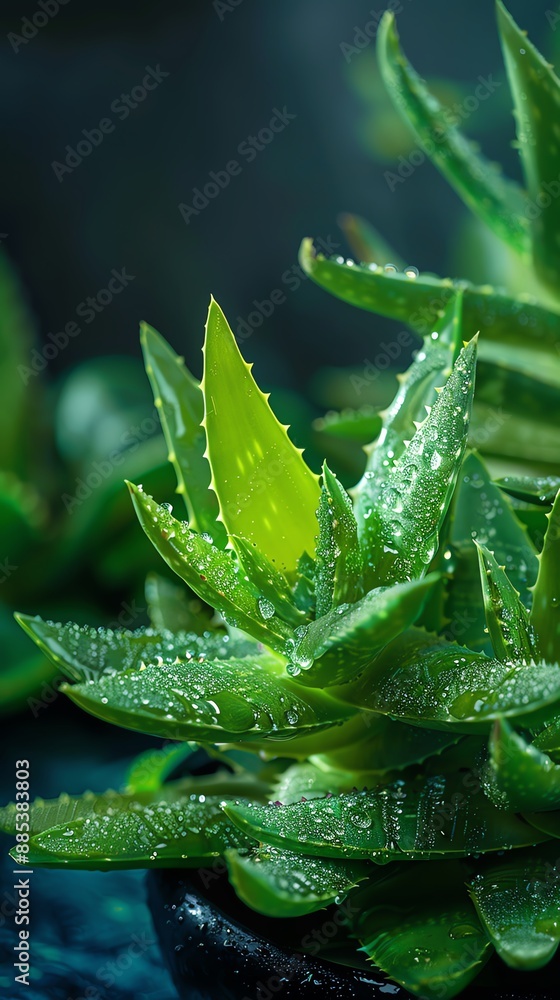 Close-up of lush green aloe vera plant with water droplets. Close-up of lush green aloe vera plant with water droplets.