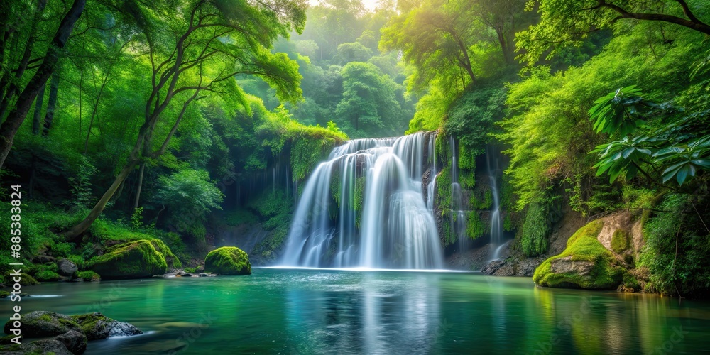 A serene waterfall flowing through a lush green forest , nature, scenic, landscape, water, stream, trees, tranquility A serene waterfall flowing through a lush green forest , nature, scenic, landscape, water, stream, trees, tranquility