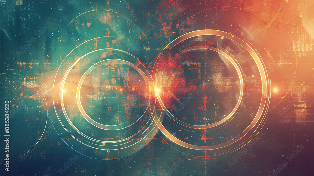 Obraz premium An artistic Venn diagram with glowing gold and teal circles. The intricate design highlights connections in a visually captivating way.