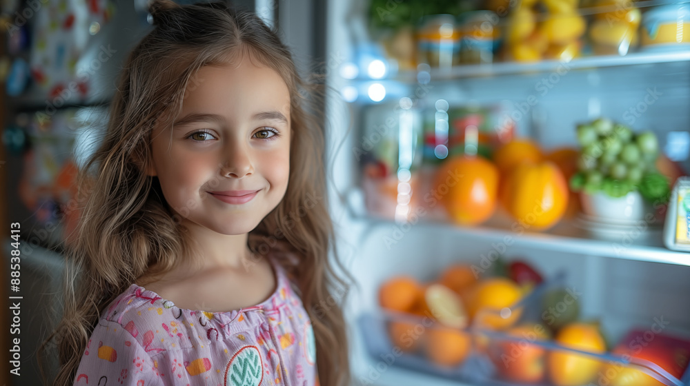 Fototapeta premium Smiling girl in pajamas with long hair posed by an open fridge full of fresh fruits. Concept of childhood, healthy eating, and home life.