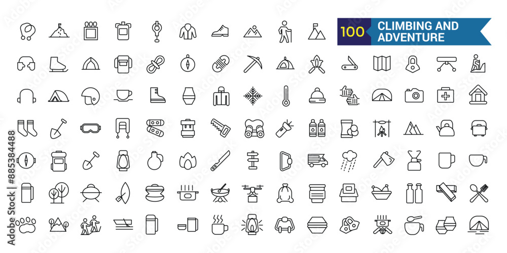 Climbing and adventure line icon set. Outline icon collection. Editable vector stroke. Climbing and adventure line icon set. Outline icon collection. Editable vector stroke.