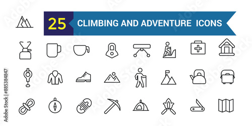 Climbing and adventure line icon set. Outline icon collection. Editable vector stroke.