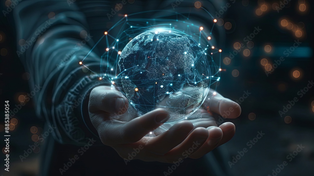 Hand holding Global network connection to big data around the world.a nd tecnology internet metaverse concept Hand holding Global network connection to big data around the world.a nd tecnology internet metaverse concept